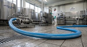Operatore in tuta bianca utilizza tubi flessibili per sanificazione impianto alimentare