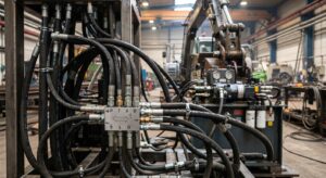 Tubi oleodinamici e raccordi in un ambiente industriale di lavoro