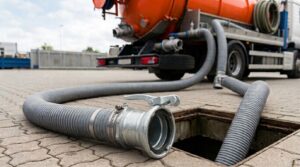 Tubo flessibile per spurgo pozzi collegato a un camion aspiratore